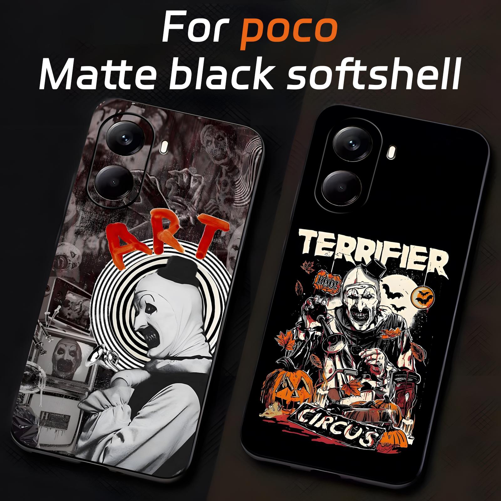 Xiaomi Poco X6 - アート・ザ・クラウンのスマホケース。Xiaomi POCO M8、M7、M6、X8、X7、X6、F9、F8、F7、F6 Pro 5Gに対応。ソフトな黒色の耐衝撃カバー。
