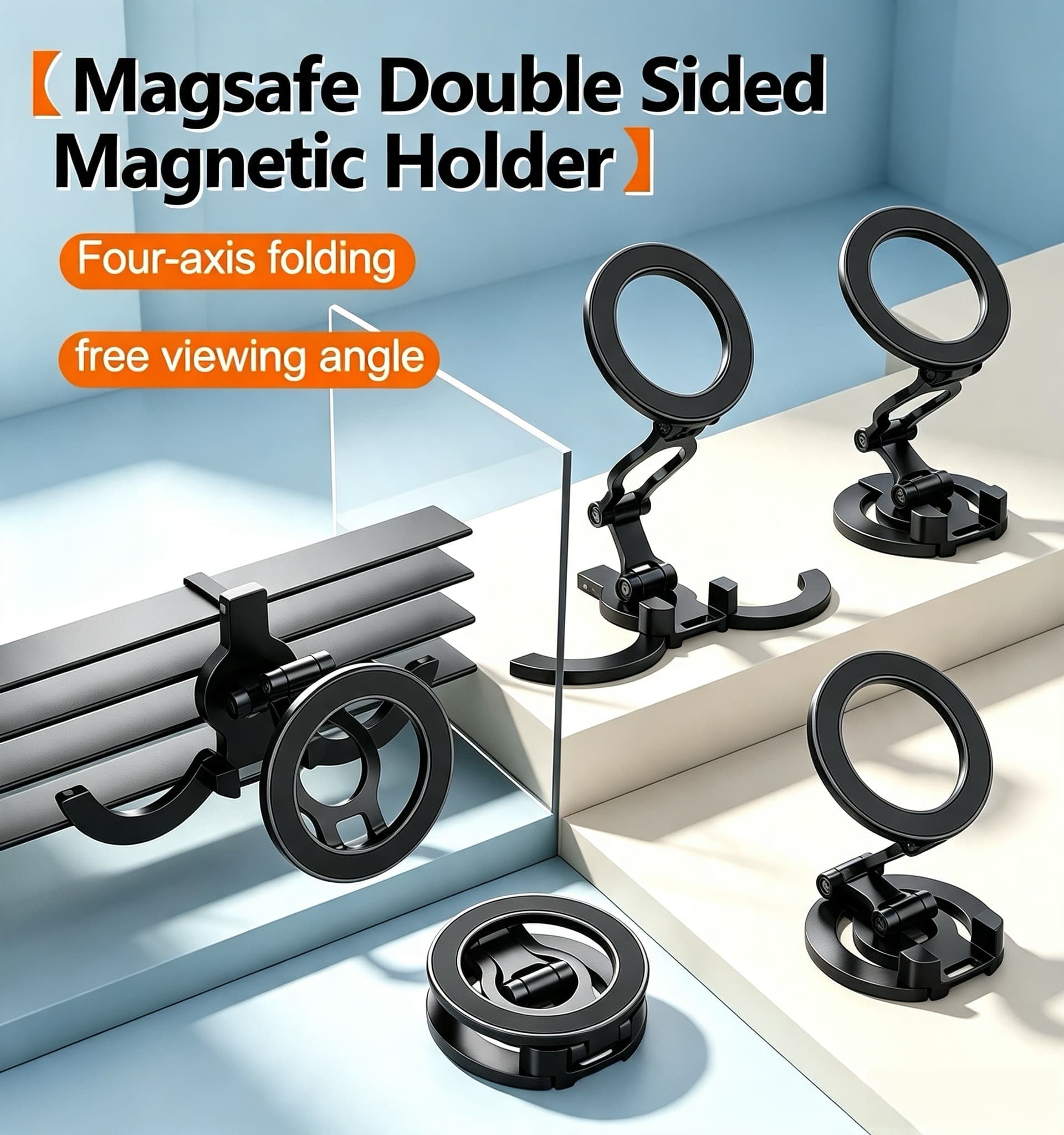 Tablet Stand Adjustable - 両面マグセーフ対応スマホスタンド三脚 360 ° 調整可能なポータブル折りたたみ式1/4インチマウント、iPhone 17-13対応、デスク、ジム、Vlog、ライブ配信に最適